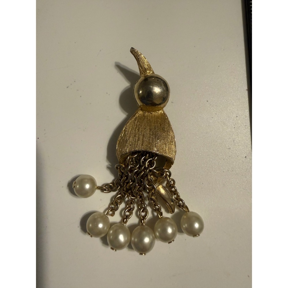 Gold Tone Bird Brooch Faux Pearl Tassel Tussie Mussie Style Pin